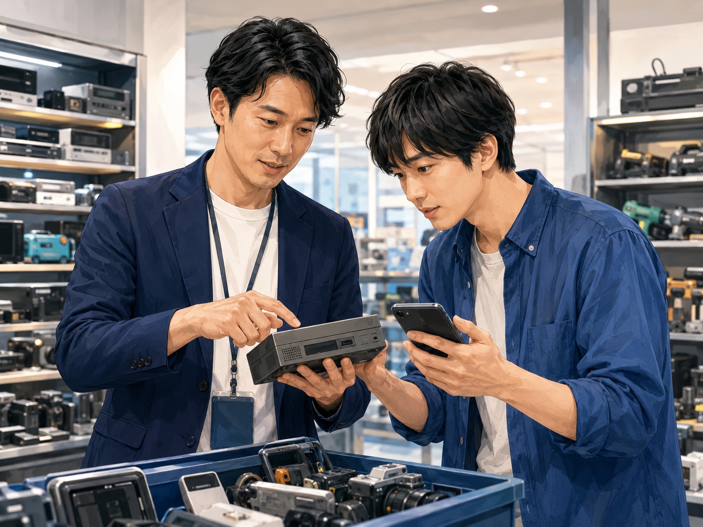 中古ショップで講師と参加者が商品を見ながら仕入れ判断を学ぶ様子