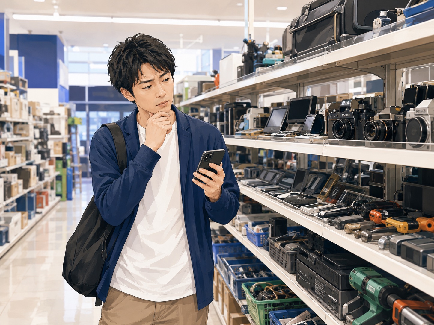 中古ショップの商品棚を前に、何を仕入れるべきか迷っている様子